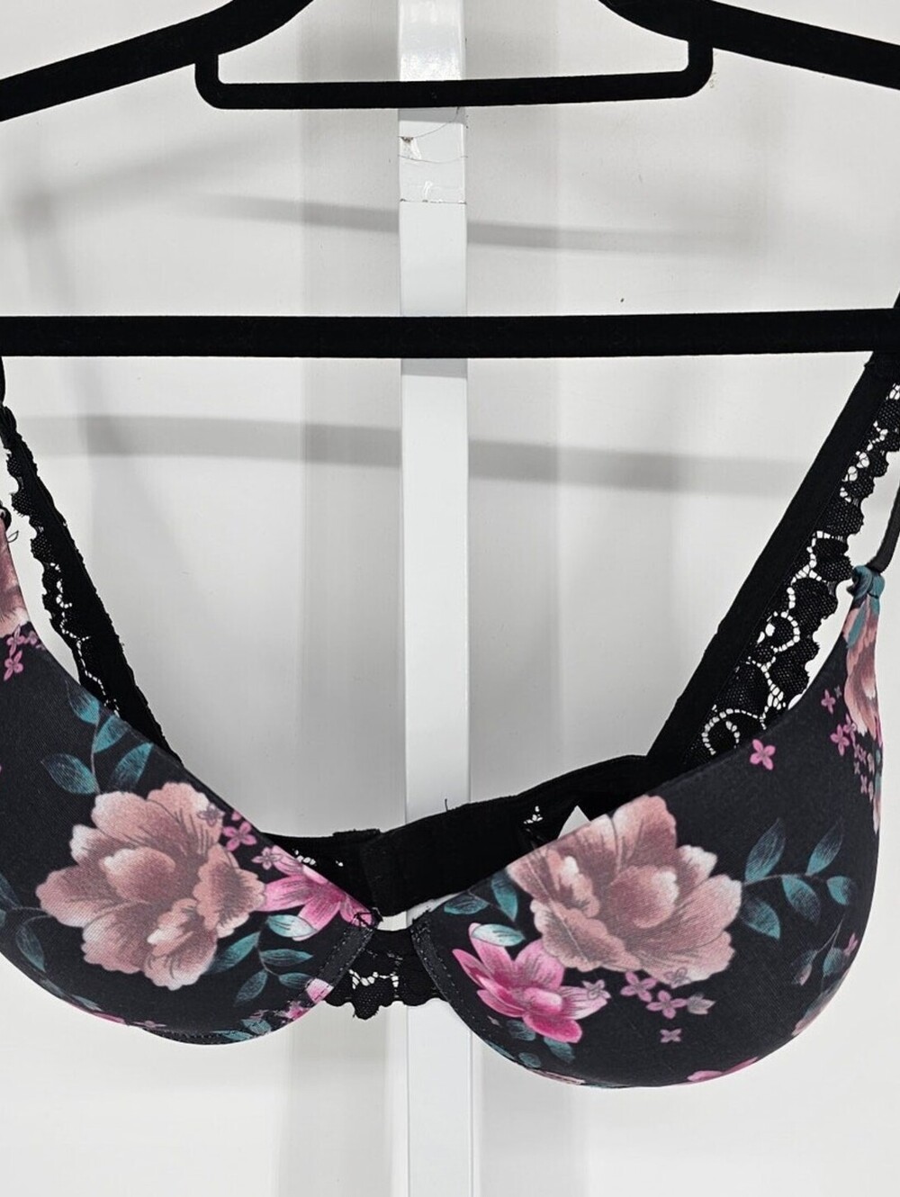 Nanette Lepore Womens Sz 36D Padded Push Up Bra Black Floral Print